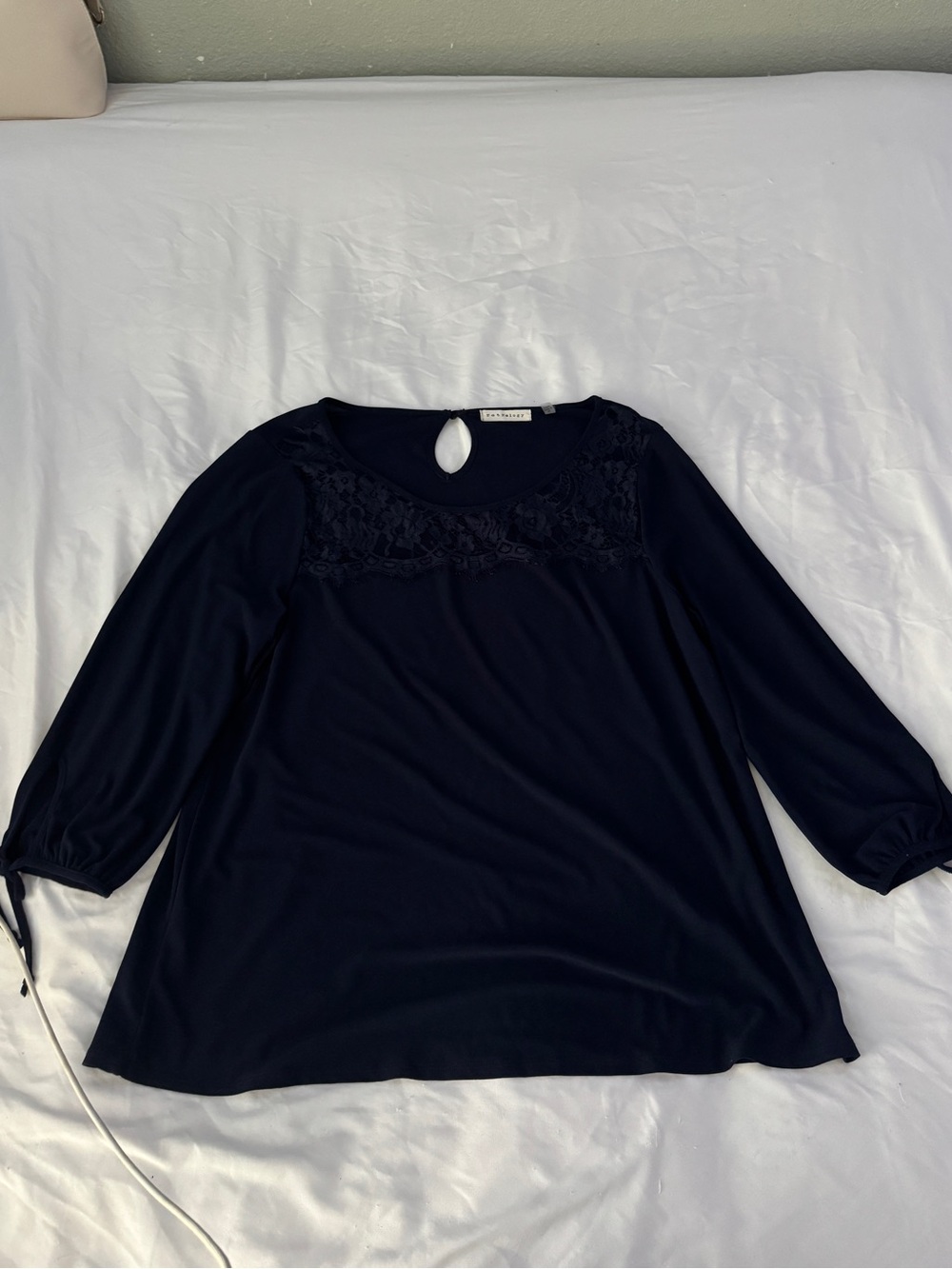 Retrology Navy Blue Lace Yoke Keyhole Back Blouse Tie Sleeve XL
